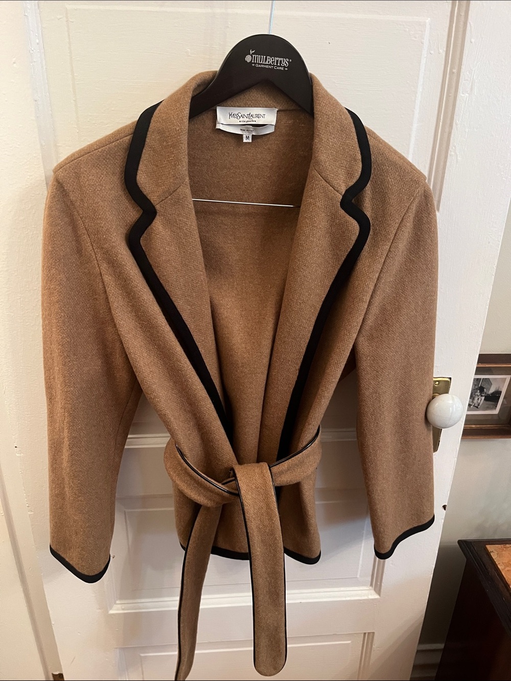 Yves Saint Laurent Camel Jacket with Black Trim and Belt